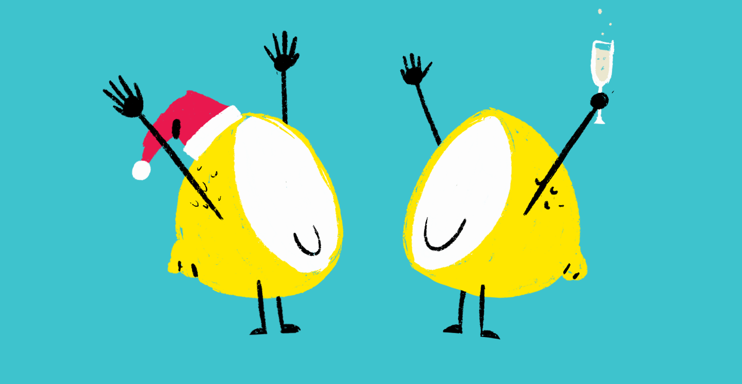 Halves of two lemons, personified. They are at a holiday party.