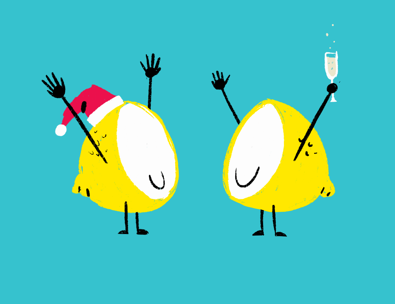 Two lemons at a holiday party. One with a santa hat on the other holding champagne.