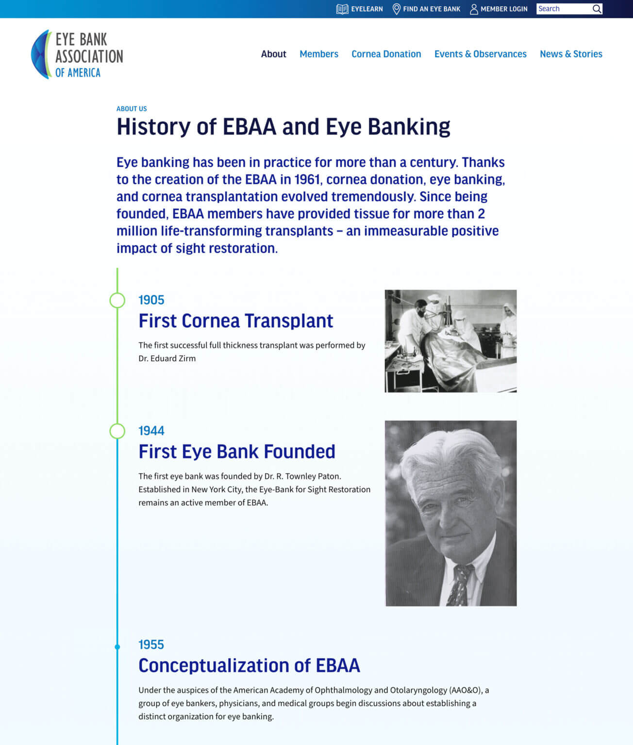 The restoresight.org page showing the history of EBBA and eye banking.