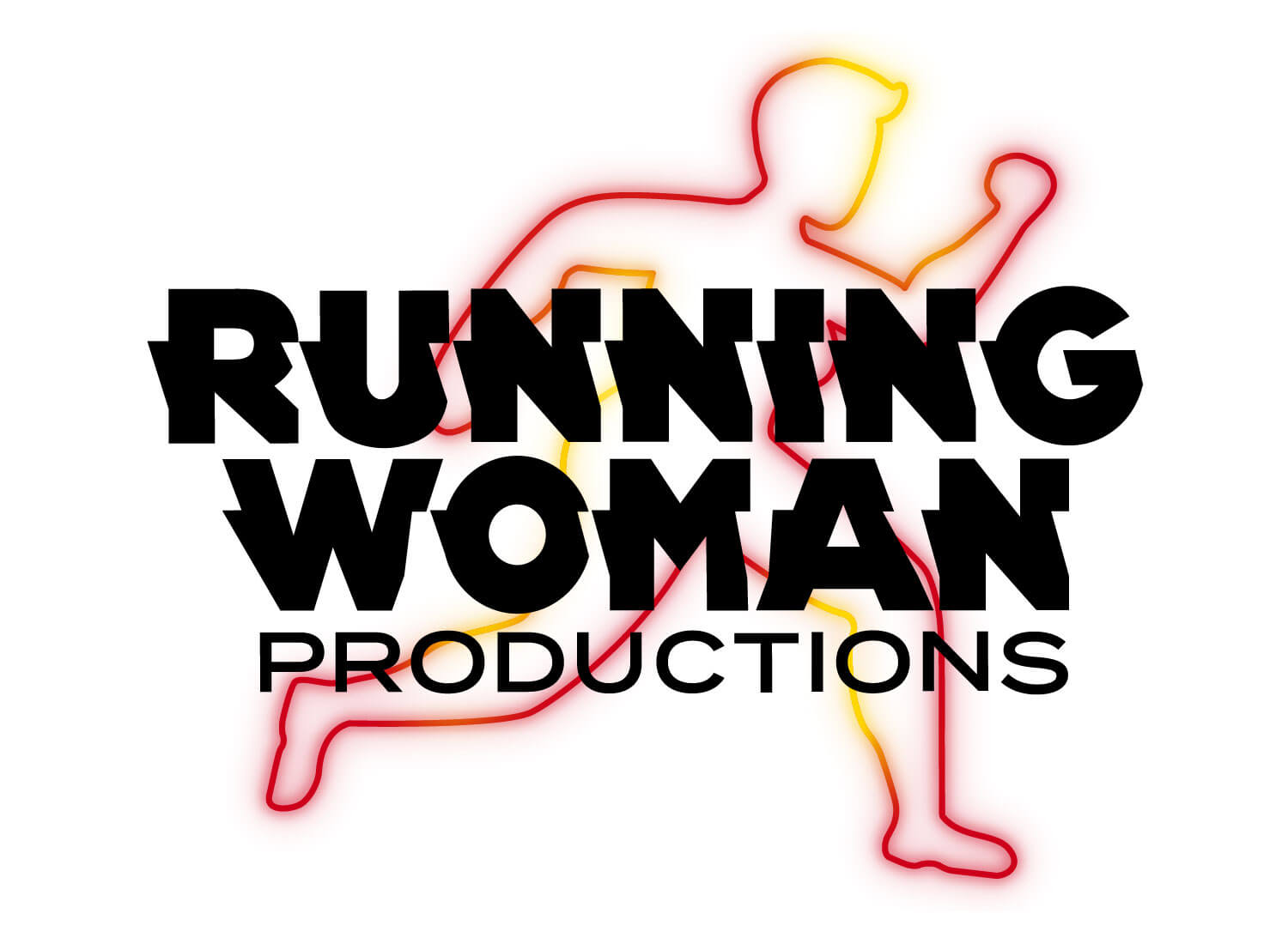 The Running Woman productions logo on a white background. The text is in black instead of white.