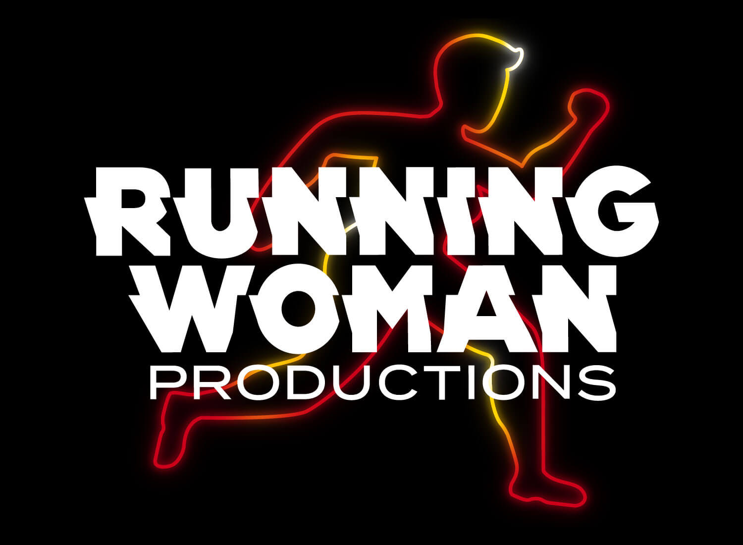 The Running Woman logo on a black background. The text Running Woman has angles making it feel like lightening. Productions is in all caps. Behind the letters a neon line drawing of a woman running, as though they are in a race.