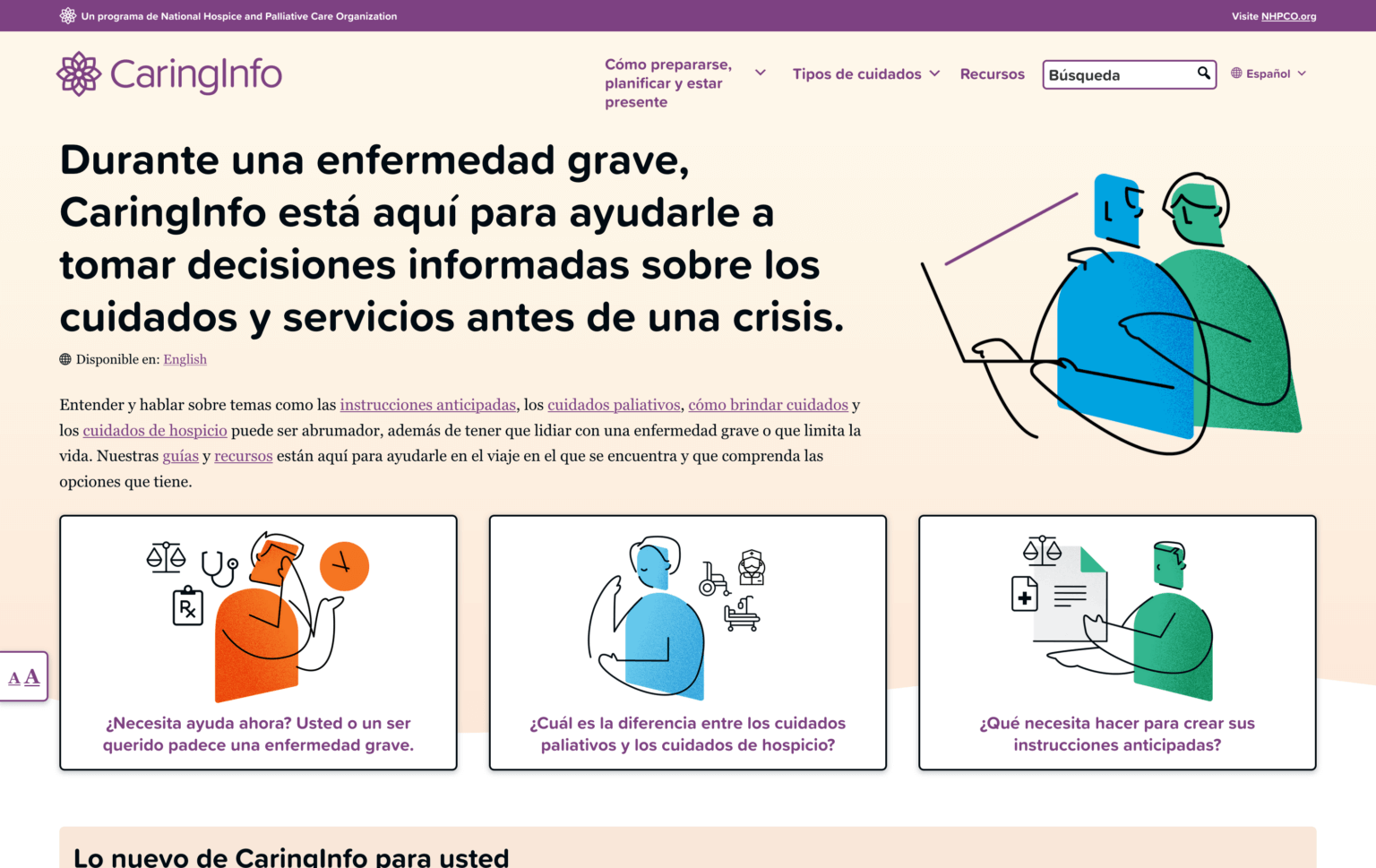 The CaringInfo homepage translated in to Spanish.