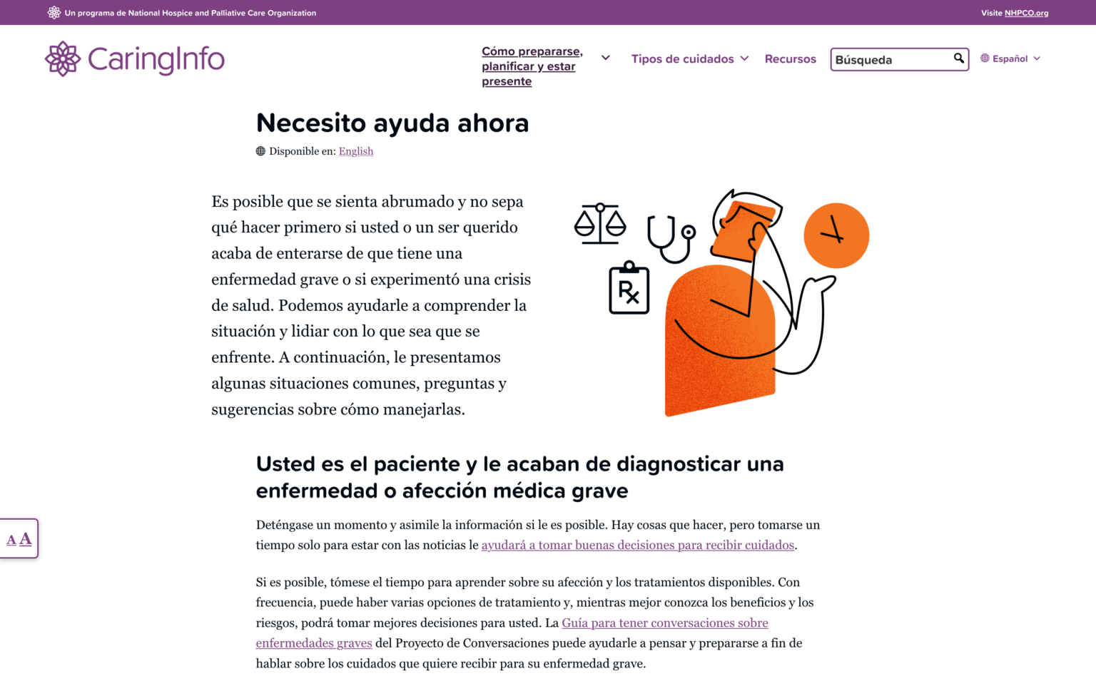 The CaringInfo page around getting immediate help, translated in to Spanish.