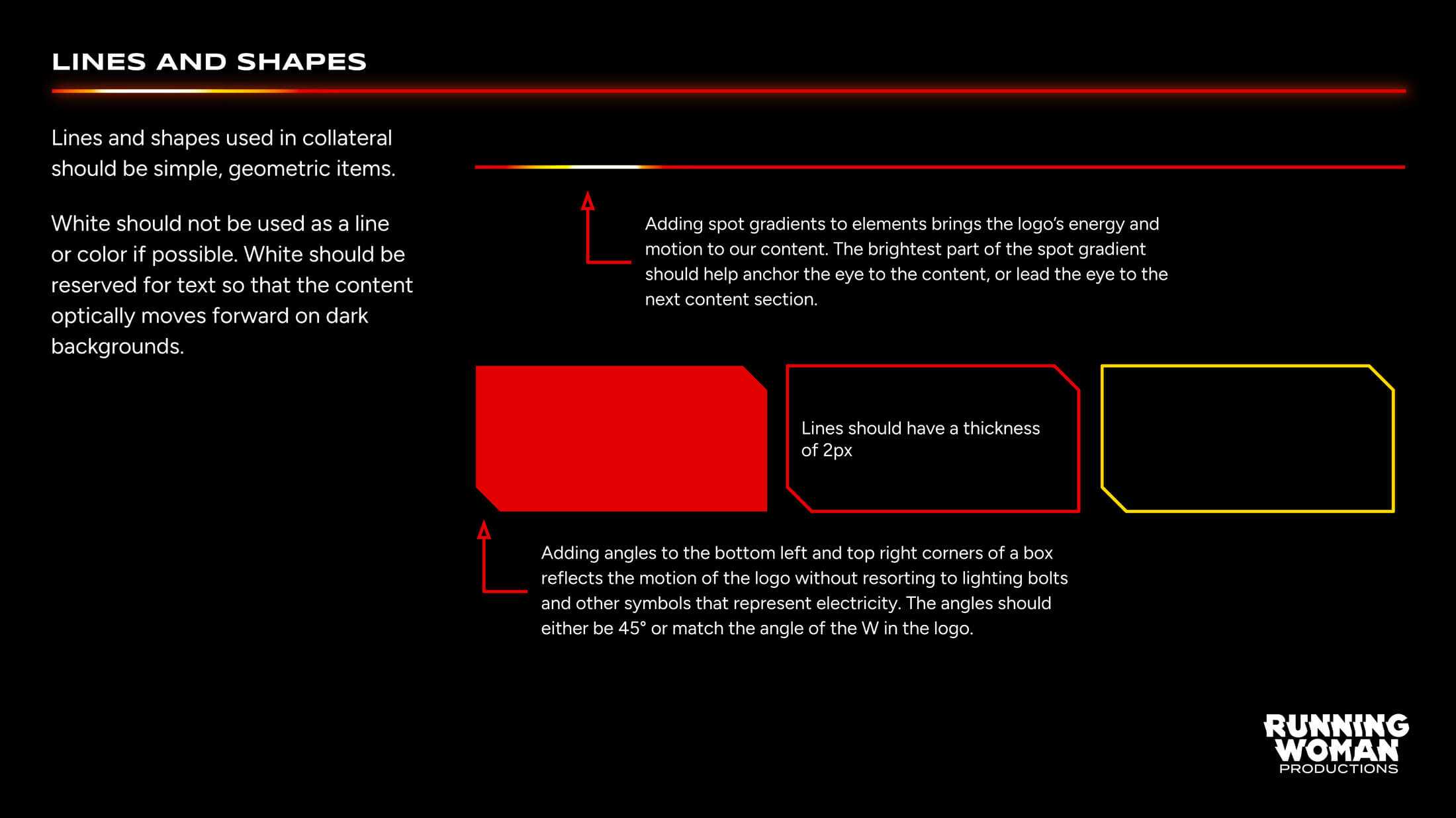 Section of Running Woman Productions brand guidelines discussing use of lines and shapes.