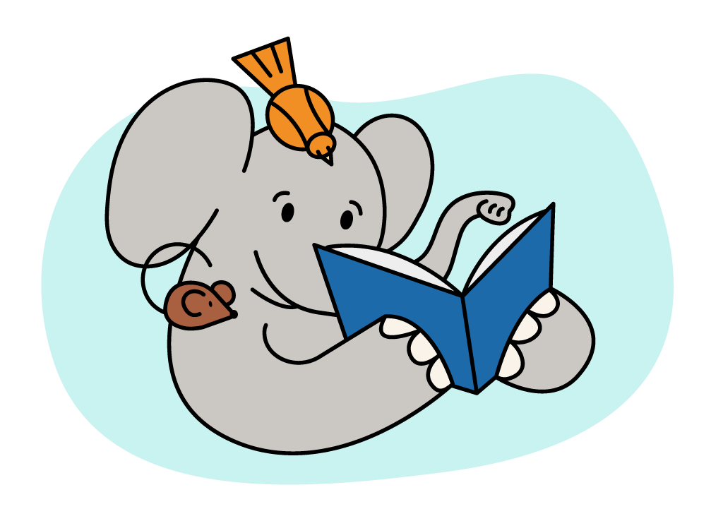 An elephant reading a book. A bird sits on his head and a mouse is on its shoulder.