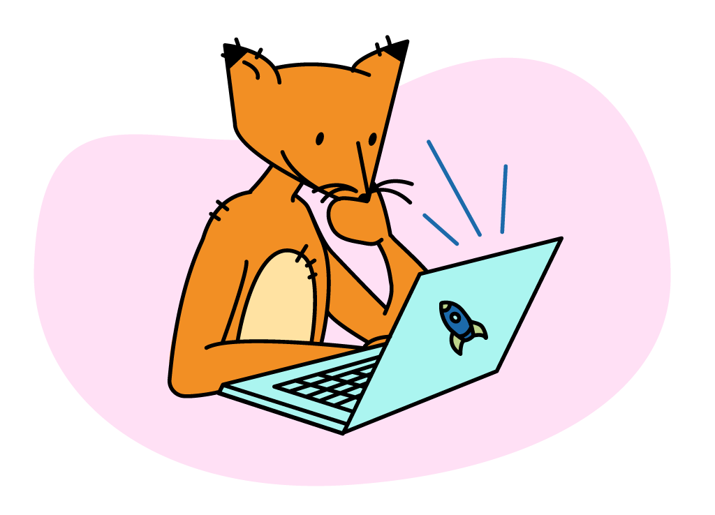 A fox reading something on a laptop.