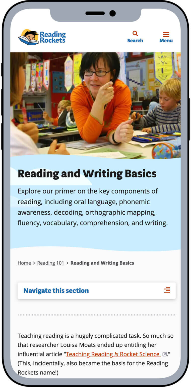 The mobile version of the Reading Rockets reading and writing basics page