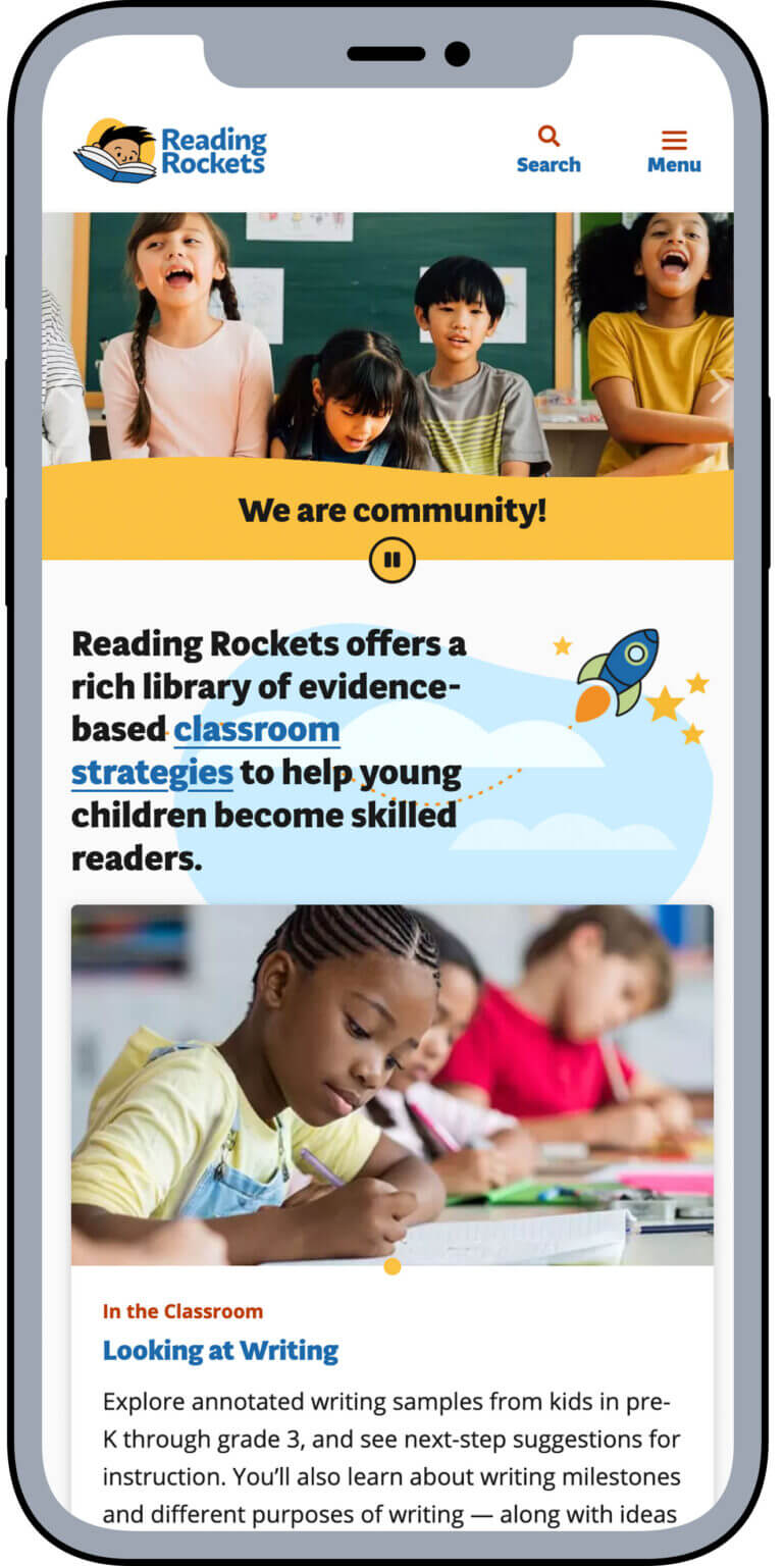 The mobile version of the Reading Rockets homepage
