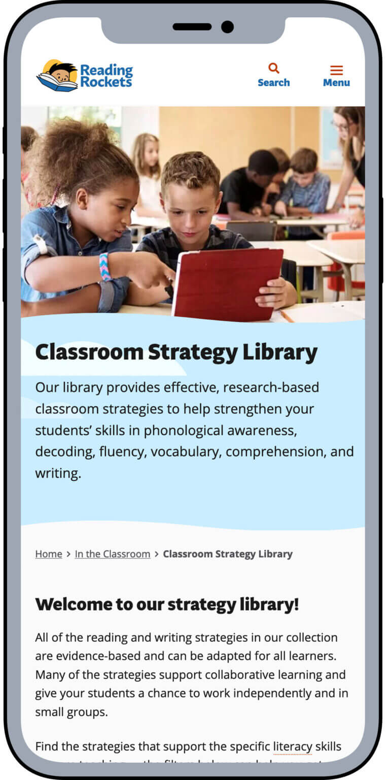 The mobile version of the Reading Rockets classroom strategies page