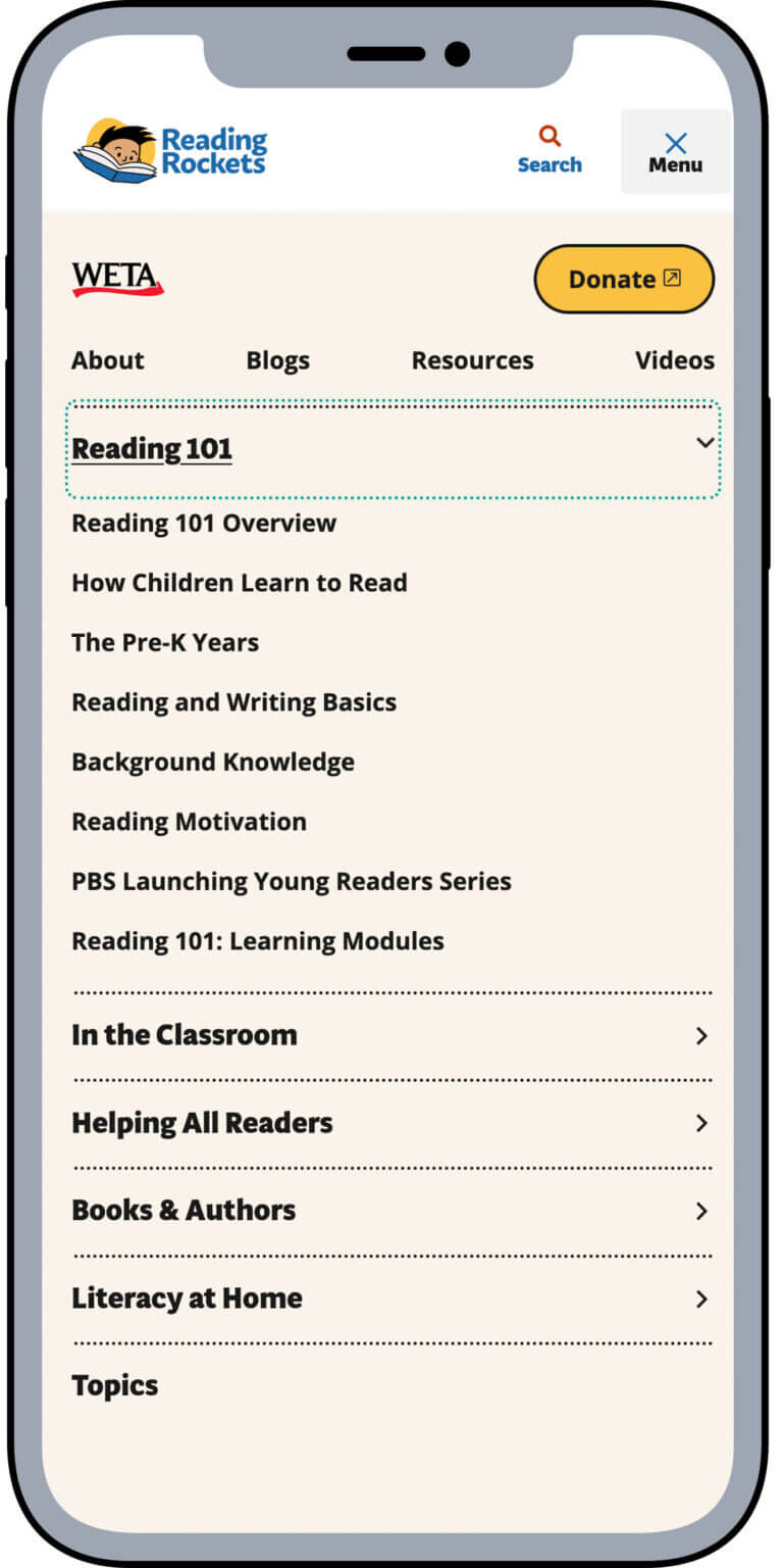 The mobile version of the Reading Rockets navigation menu with an active focus state