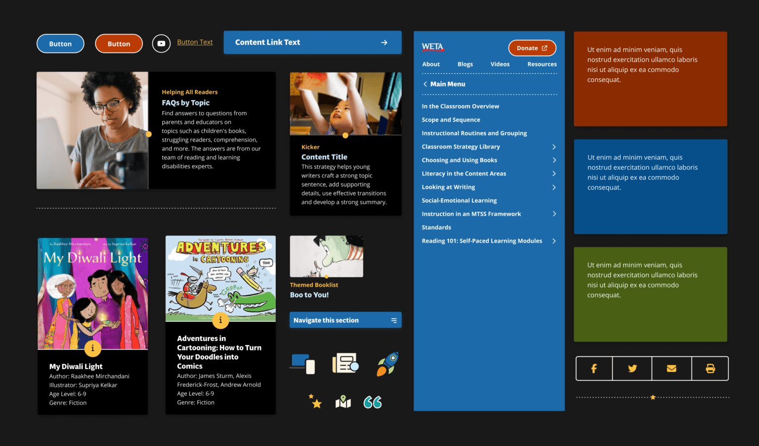 Various user interface elements from the Reading Rockets pattern library, shown in dark mode
