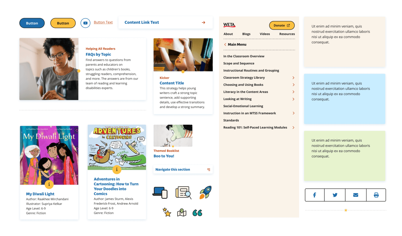Various user interface elements from the Reading Rockets pattern library