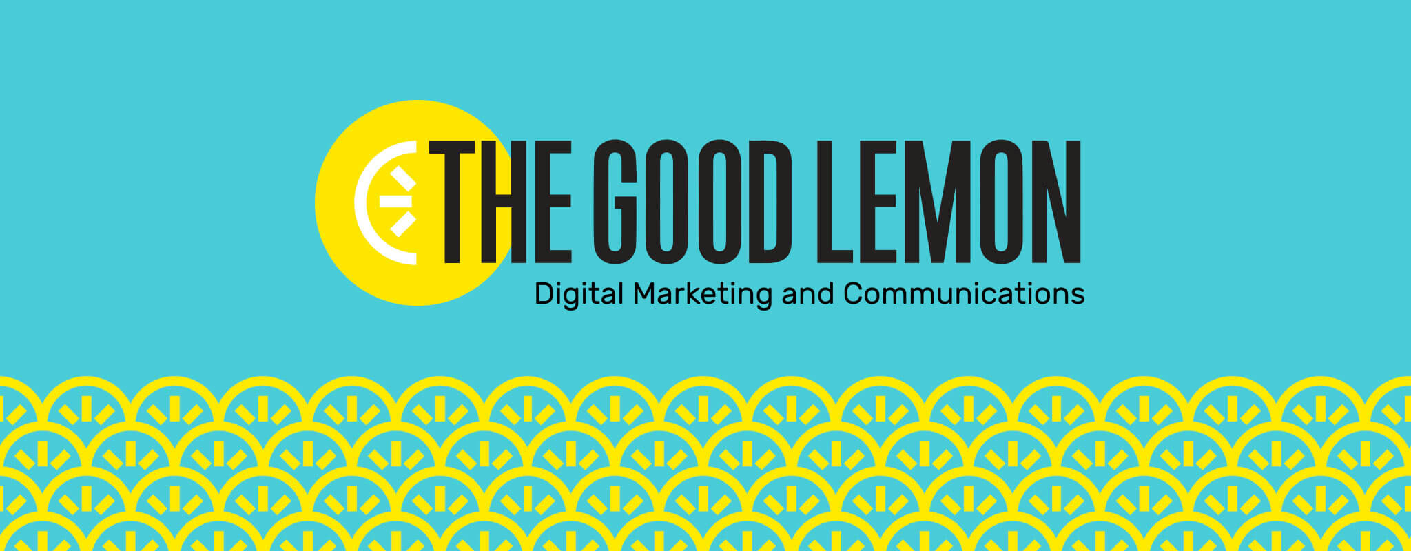 The Good Lemon logo on a field of blue. The bottom of the is a yellow pattern made up of the semi circles and three bars.